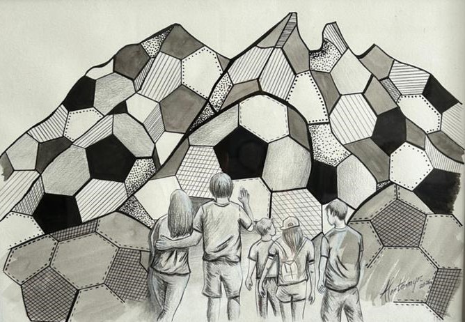Familia futbolera (soccer loving family) Técnicas mixtas 33 x 43 cms